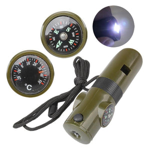 Camping Survival Whistle With Compass Thermometer Flashlight Magnifier